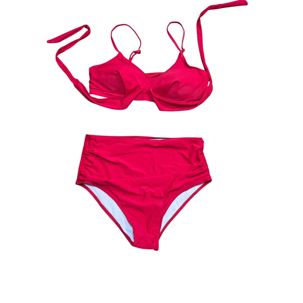 Red High Waisted Bikini Set Underwire Wrap Top Ruched Bottoms Size L